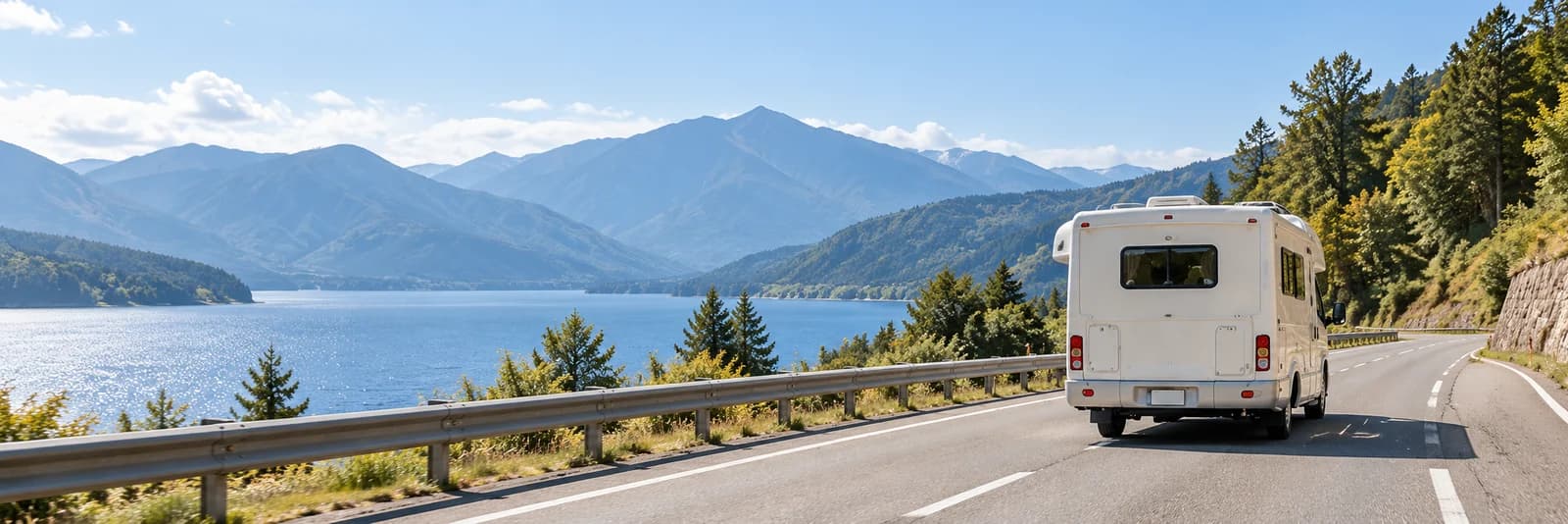 編集イメージ：湖沿いの道路を走るキャンピングカー。横風に注意する場面