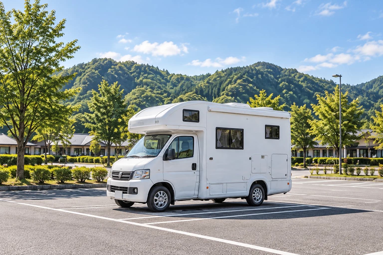昼の休憩駐車場に、車外へ物を広げず停めた白いキャンピングカーの場面図