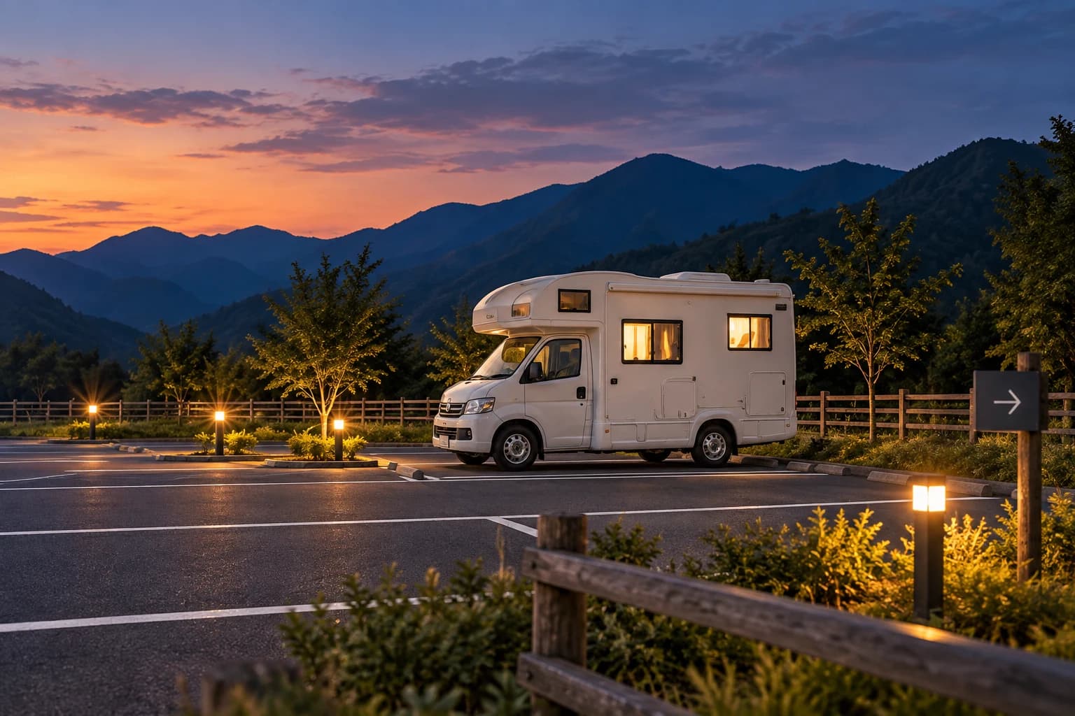 通常の駐車場とは別の管理された宿泊用区画を表現した、夕暮れのキャンピングカーの場面図