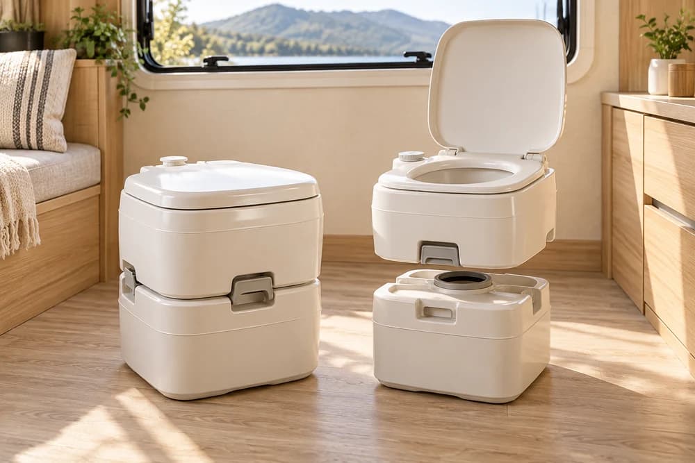 説明用の編集イメージ:組み立てたポータブル水洗トイレと、上部の便器・洗浄水タンク、下部の汚水タンクを分けた状態
