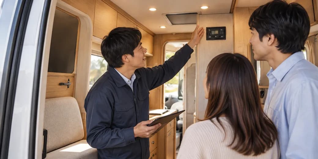 キャンピングカーの車内で、担当者から設備の操作説明を受ける二人の編集イメージ