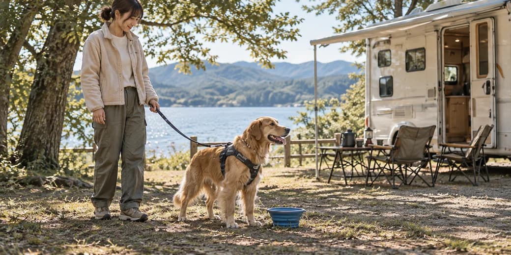 停車したキャンピングカーの近くで、飼い主がリードを持ち、犬と水飲み休憩をする様子