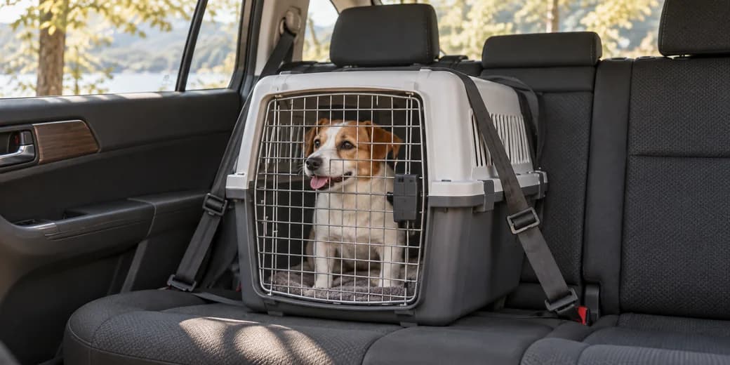 後部座席に固定した、扉を閉じたクレートの中で落ち着いている犬