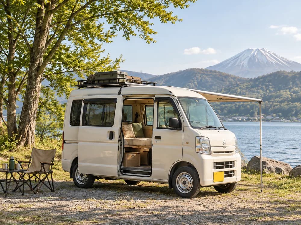 湖畔のキャンプ場に停めた小さなベージュの軽バン型キャンピングカーの編集イメージ