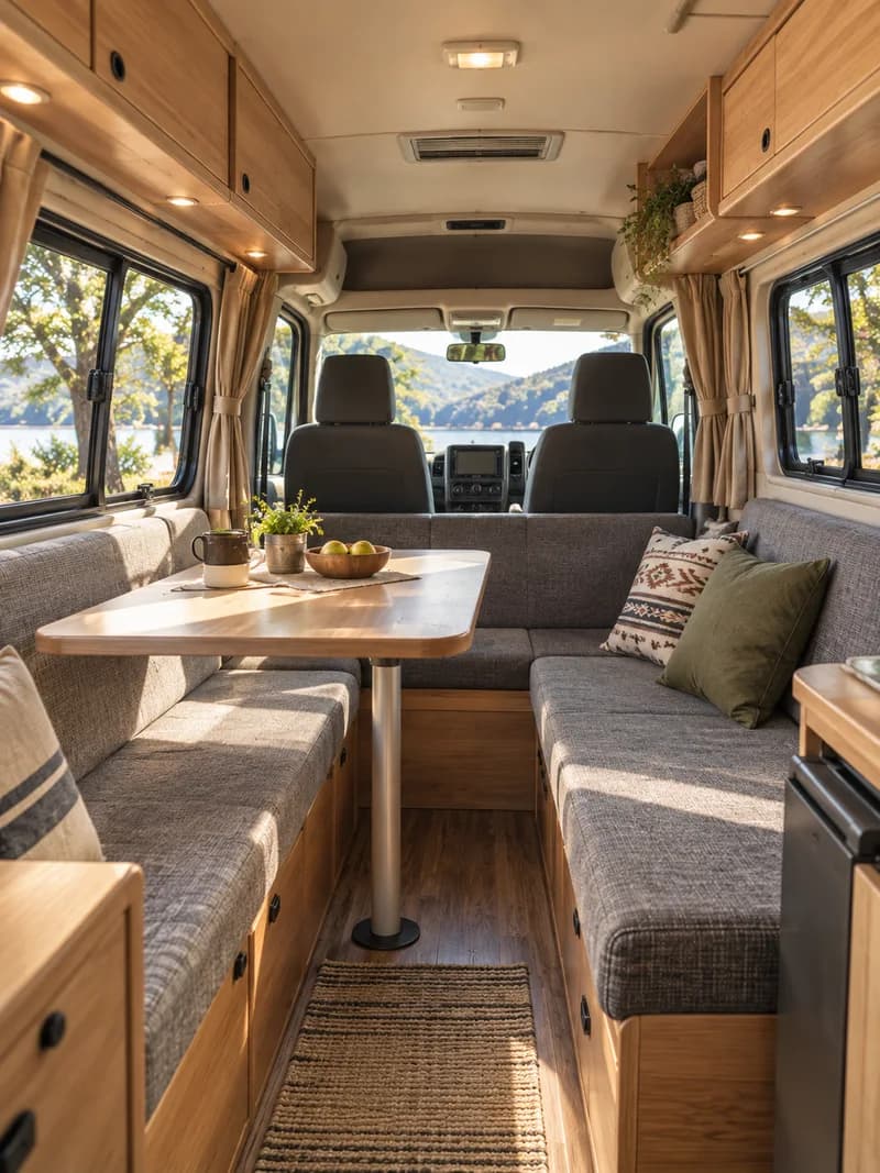 バンの車体の内側に設けたベンチ席とテーブル、木製収納の編集イメージ