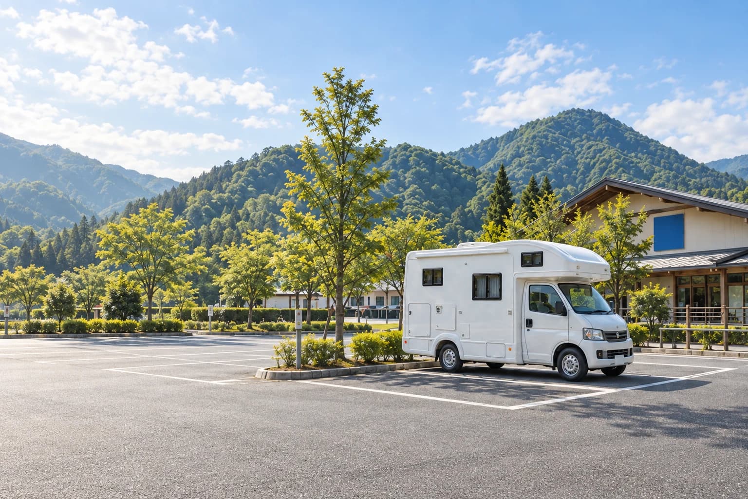 山を背景にした昼の道の駅の休憩駐車場と、区画内に停めた白いキャンピングカーの場面図