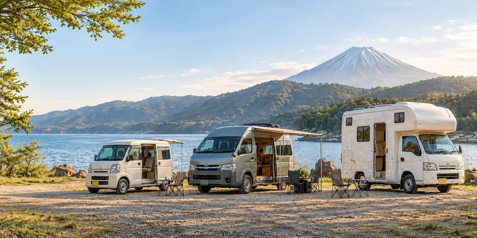 湖畔のキャンプ場に並ぶ軽キャン、バンコン、キャブコンの3タイプの編集イメージ