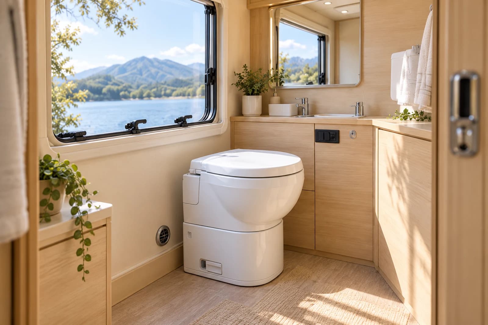 編集イメージ：明るい木目のキャンピングカーのトイレ室。白い便器と窓の外の湖