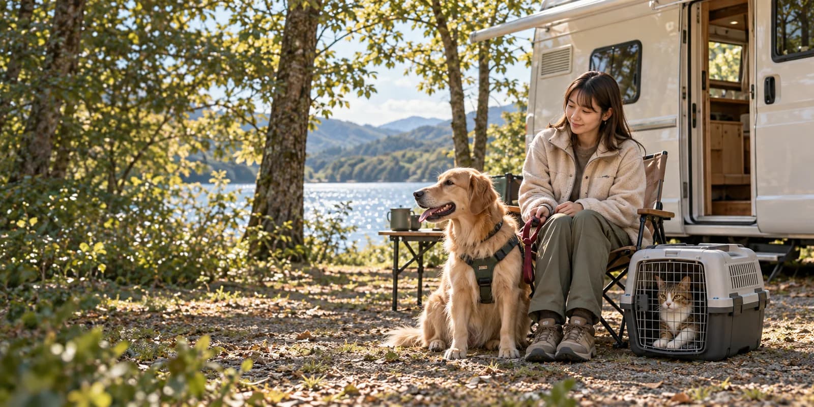 停車したキャンピングカーのそばで、ハーネスとリードを付けた犬と、閉じたキャリー内の猫と過ごす飼い主
