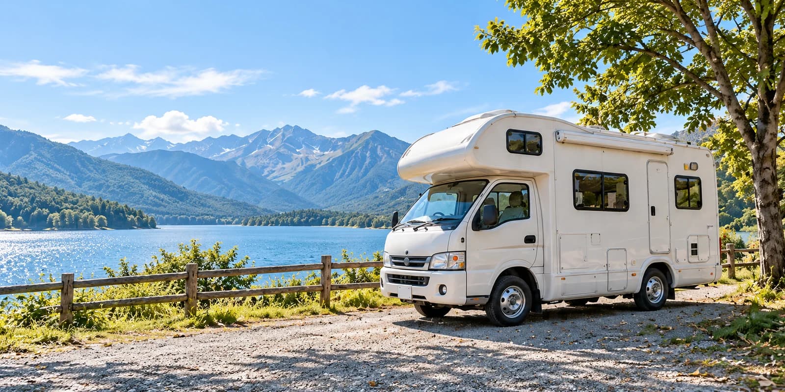 編集イメージ：湖と山のそばで停車している、屋根上設備のある白いキャブコン