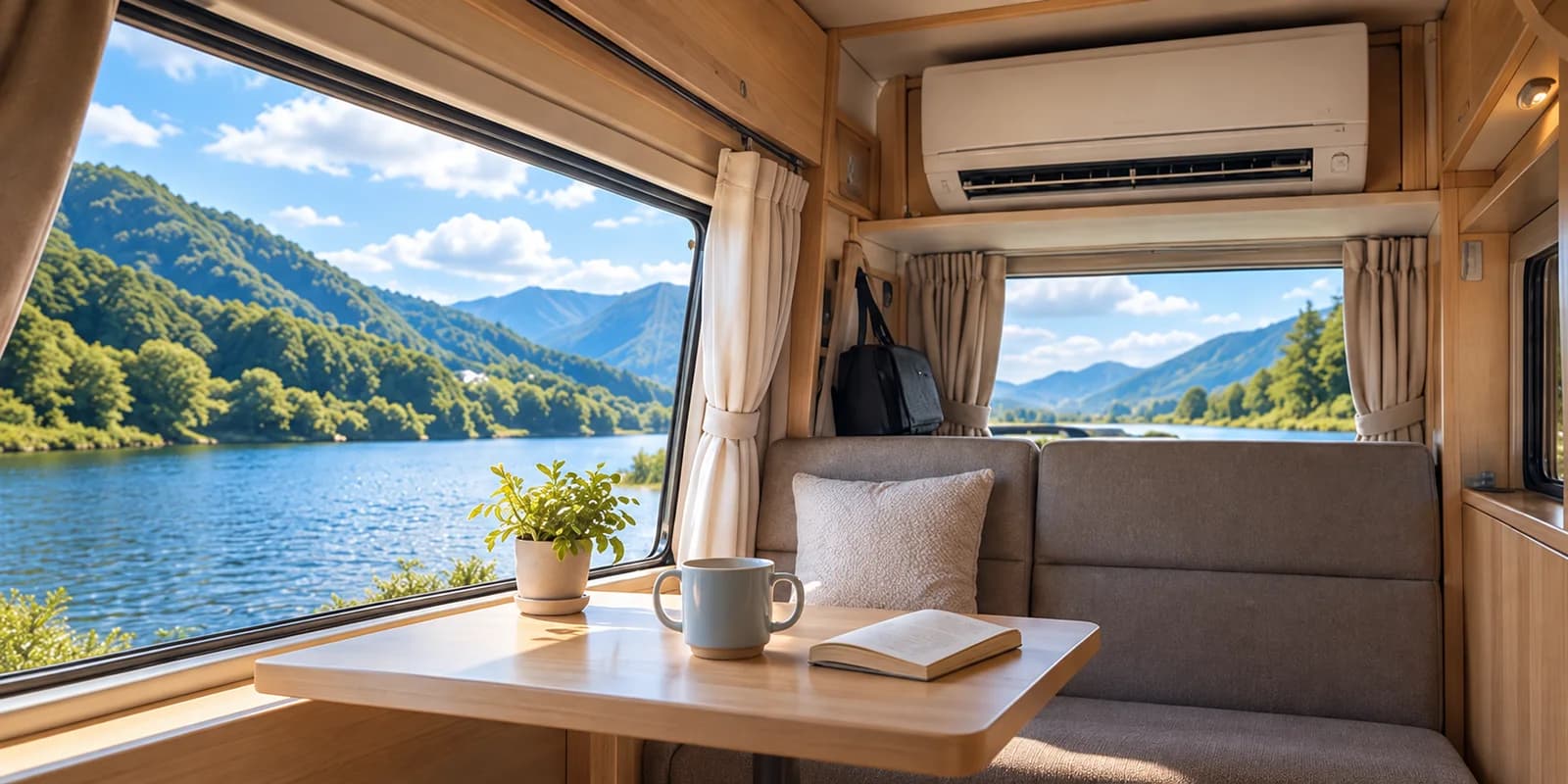 湖と山を望む窓、木の家具と居住部用エアコンのあるキャンピングカー車内の編集イメージ
