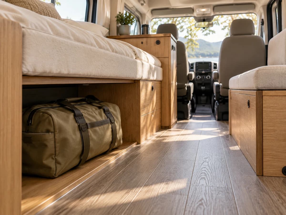 編集イメージ:ベッド下に荷物を収め、中央の通路を空けた車内