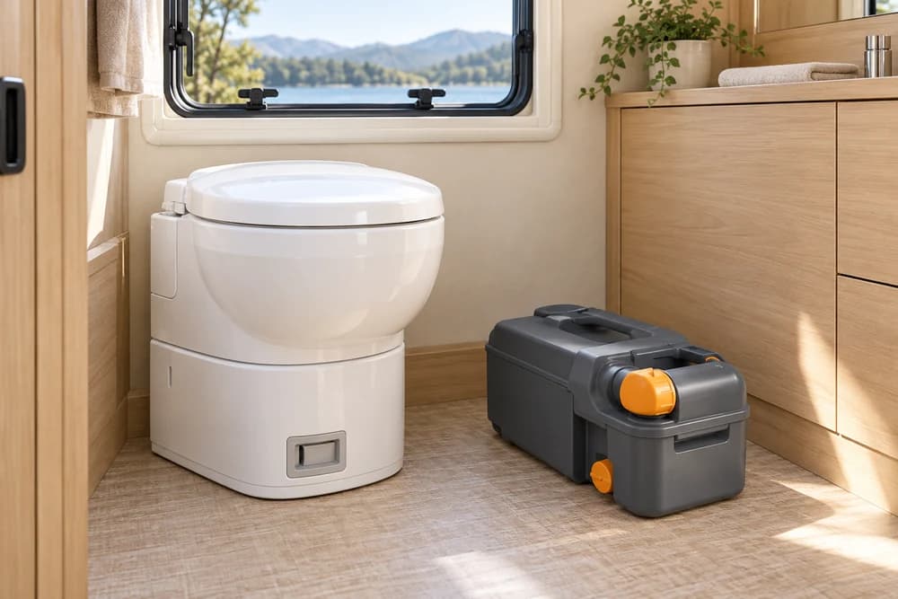 編集イメージ:固定された白い便器と、取り外して運ぶ密閉した汚水タンク