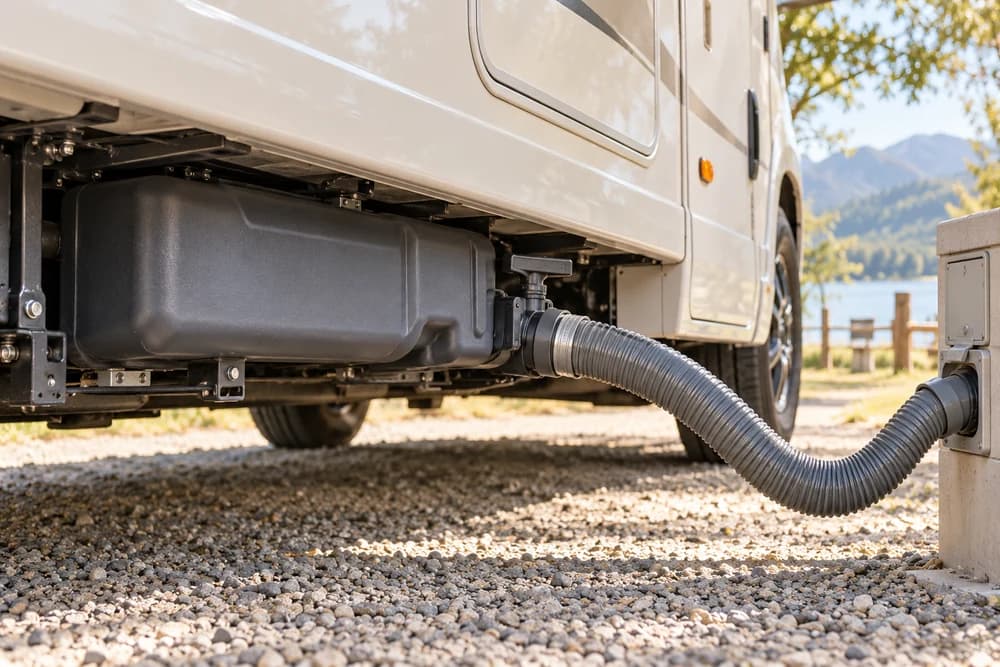 編集イメージ:車両に固定された汚水タンクから、専用の受入口へホースを接続した構成