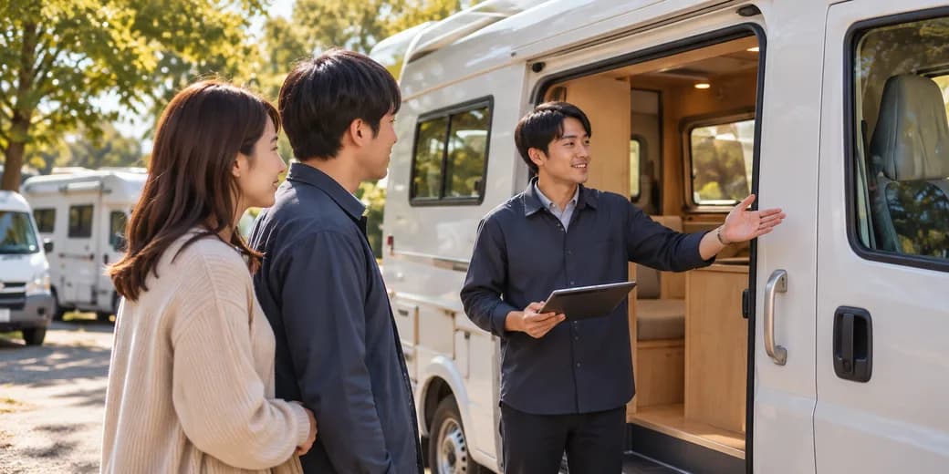 キャンピングカーの開いた入口で、車内の装備について相談する二人と担当者の編集イメージ