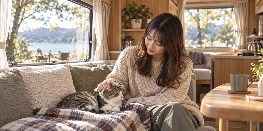 停車中のキャンピングカーで、飼い主のそばで毛布の上にくつろぐ猫