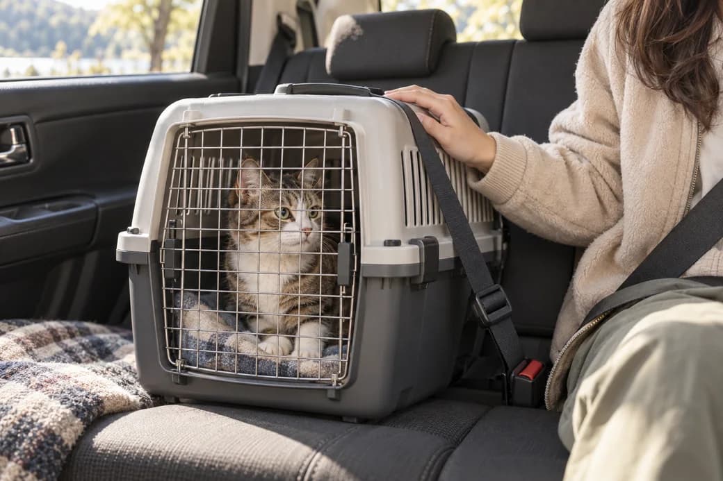 飼い主がそばにいる停車中の車で、閉じて固定したキャリーに入っている猫