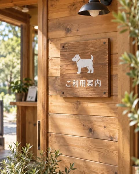 木の壁に掲示されたペットのご利用案内のイメージ
